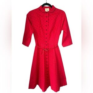 Vintage Lanz Original Red Floral Button Front Dress Size Small 1950s-60s Austria